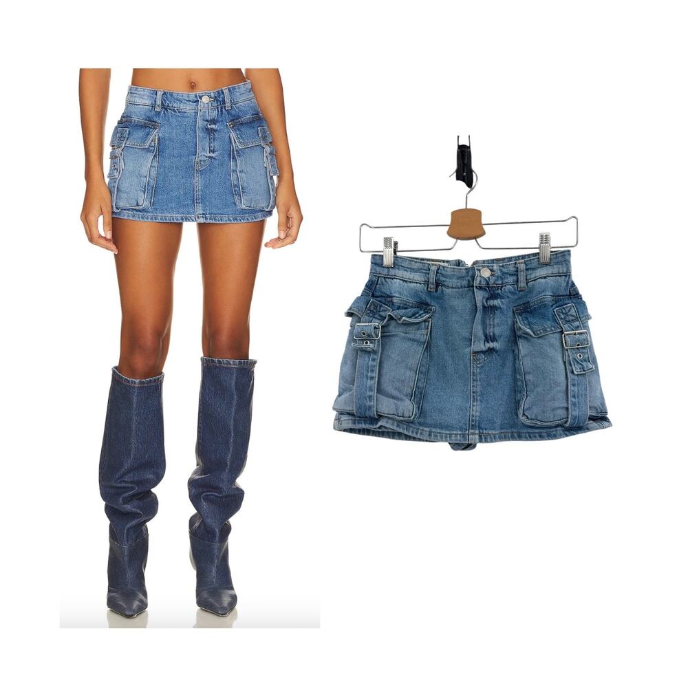 Free People Denim Cargo Mini Skort Utility Pocket Buckle Blue Size 25
